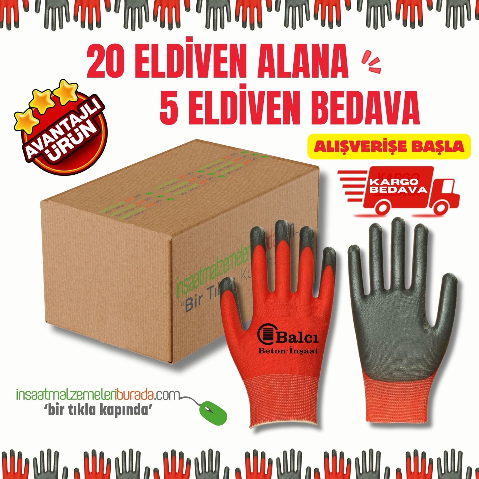 Kaliteli Kırmızı İş Eldiveni Koli (20 Çift + 5 Çift Hediye)