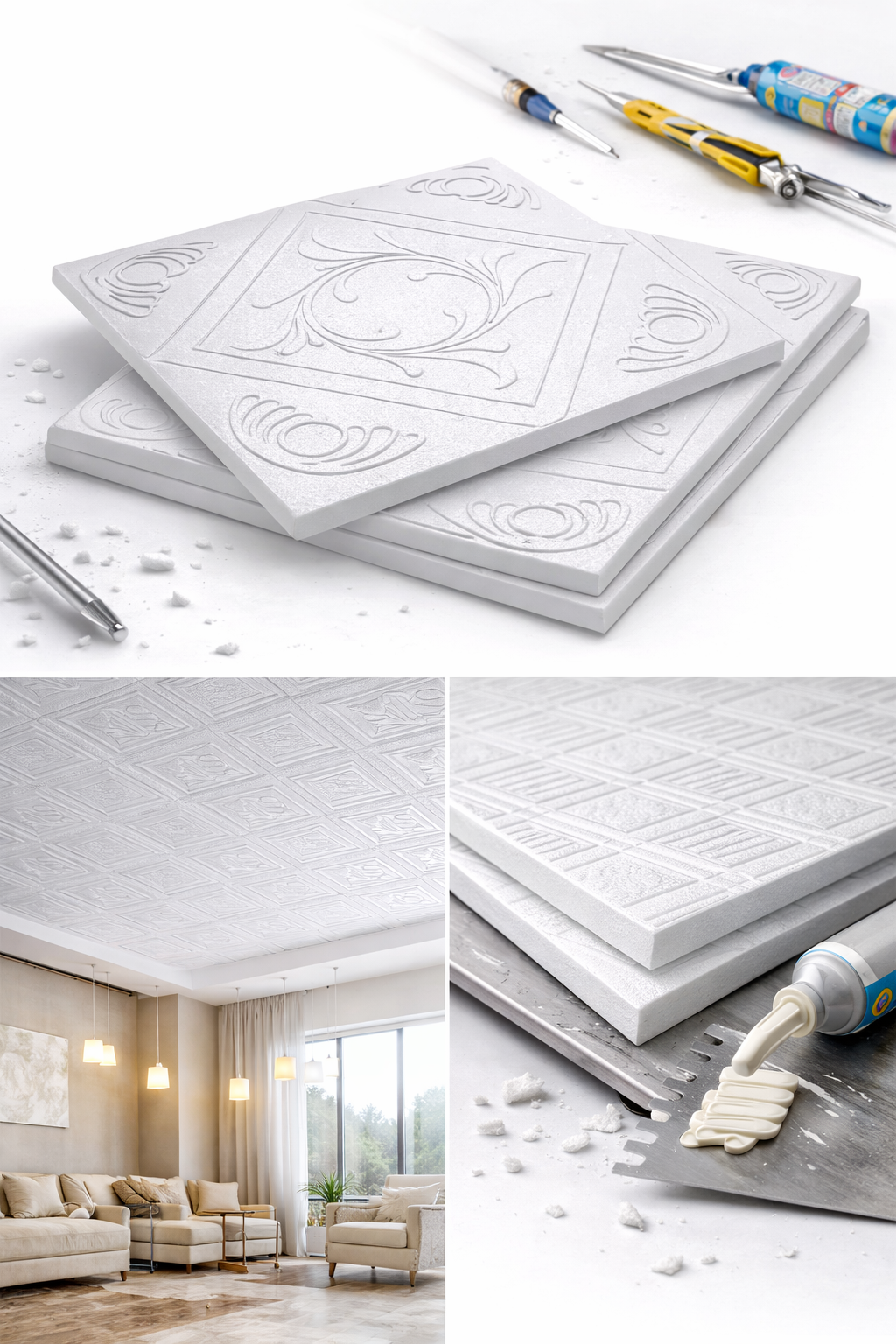 Stella Strafor Tavan Kaplama Desen 7 | 50x50 Dekoratif Panel 1 m² (4 Adet)