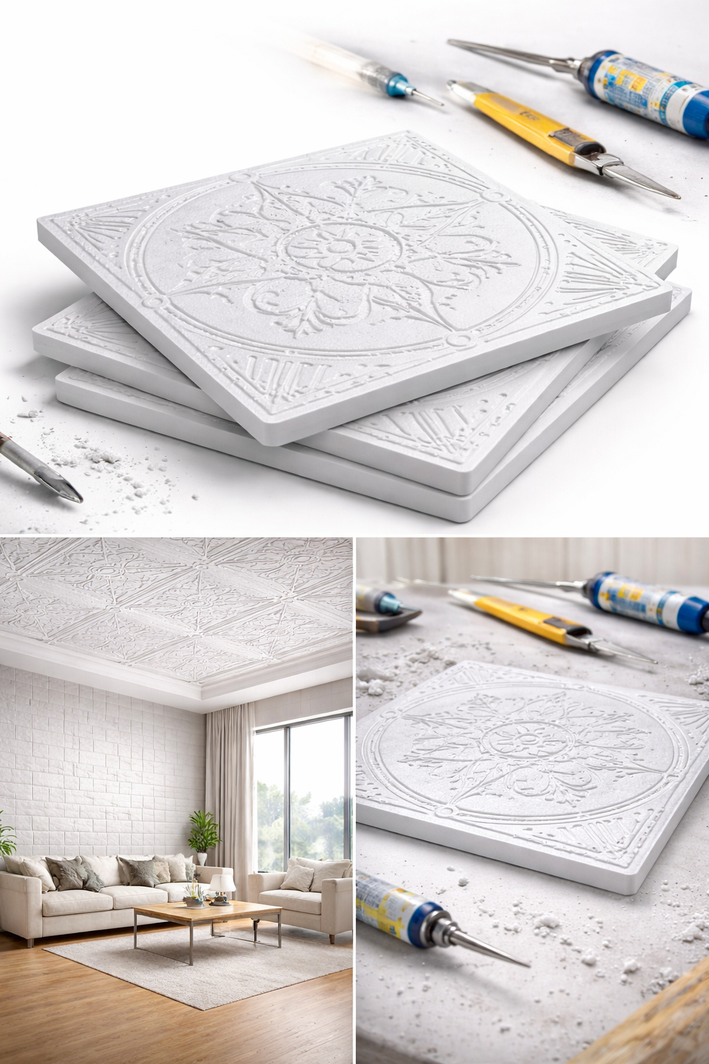 Stella Strafor Tavan Kaplama Desen 11 | 50x50 Dekoratif Panel 1 m² (4 Adet)