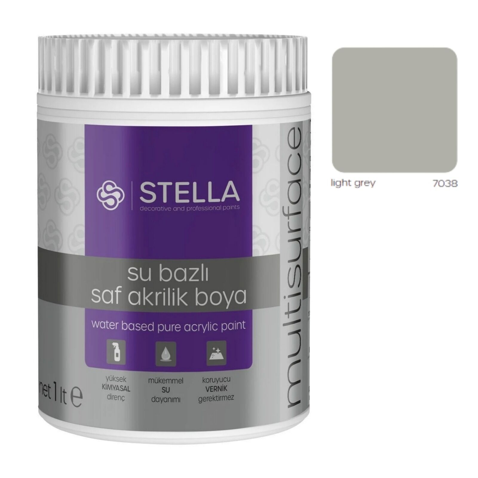 Stella Su Bazlı Saf Akrilik Boya (Light Grey Ral-7038) - 500 ML