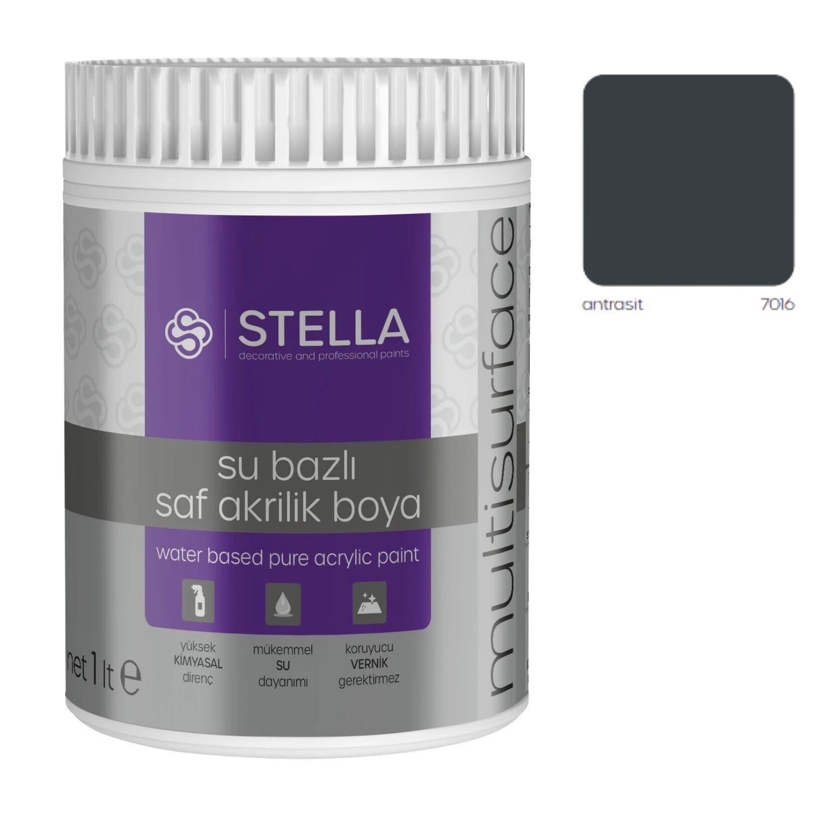 Stella Su Bazlı Saf Akrilik Boya (Antrasit RAL 7016) – 1 Litre
