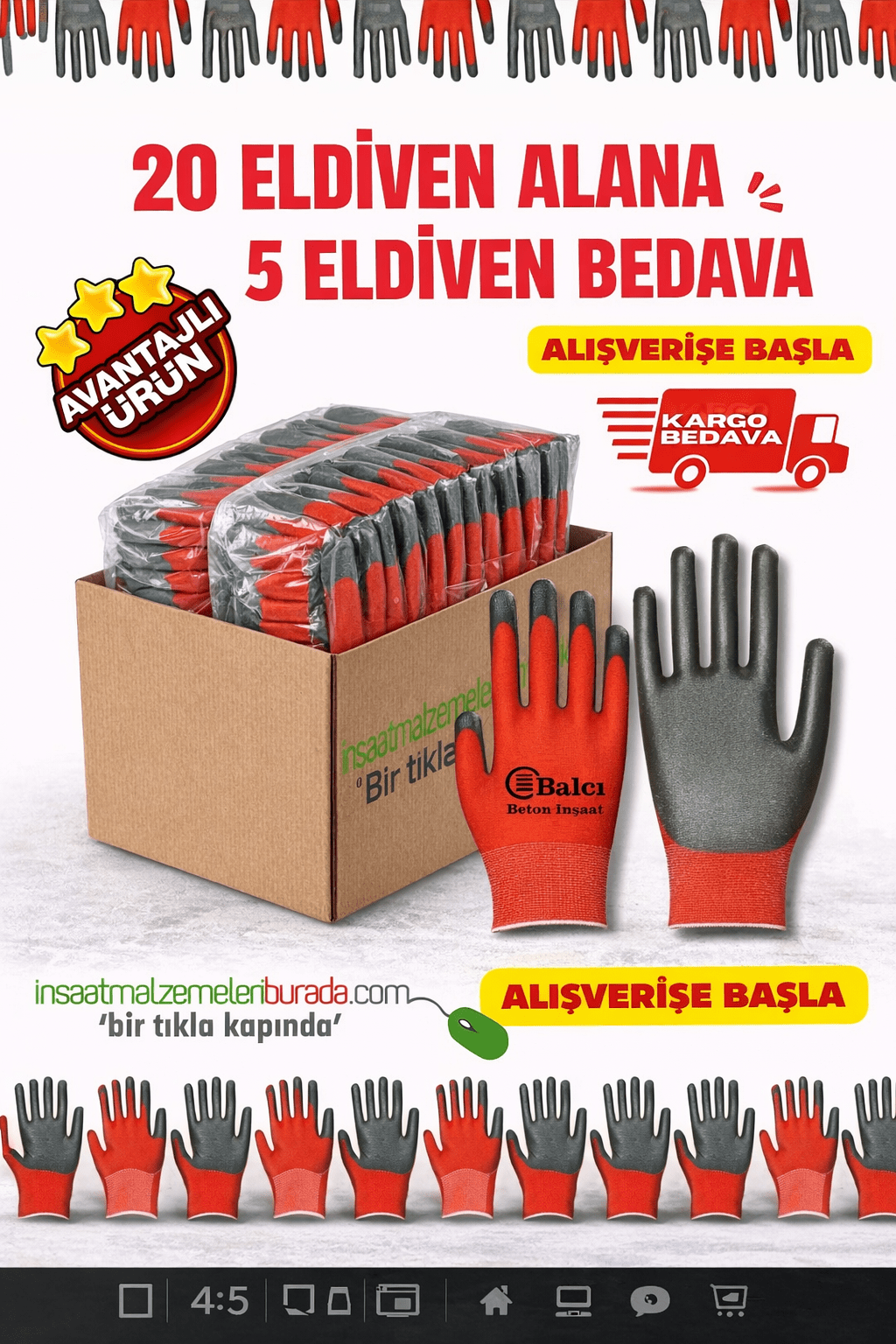 Kaliteli Kırmızı İş Eldiveni Koli (20 Çift + 5 Çift Hediye) | Lateks Kaplama