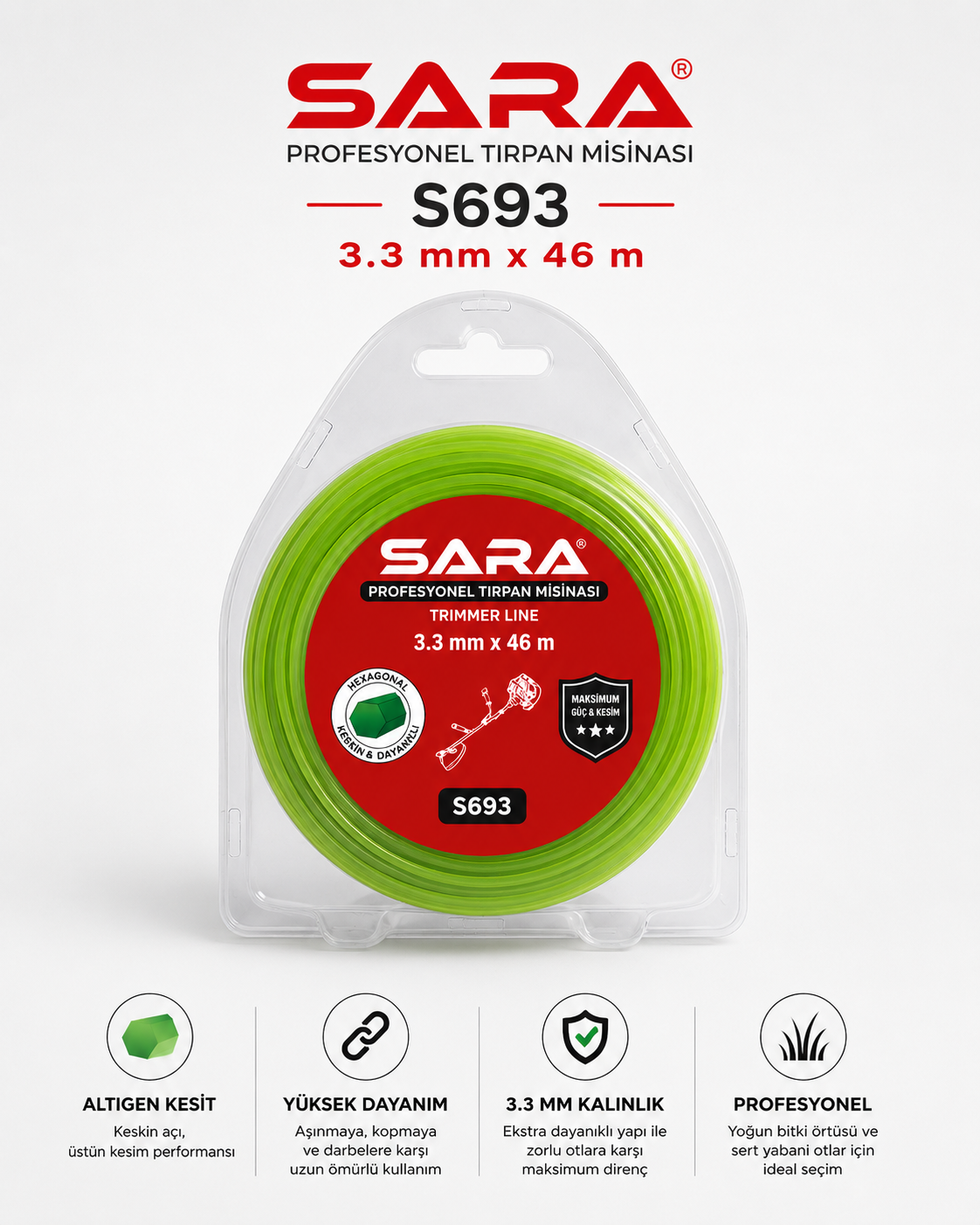 Sara 3.00 mmx46 m | Altı Köşe Sarı Tırpan Misinası