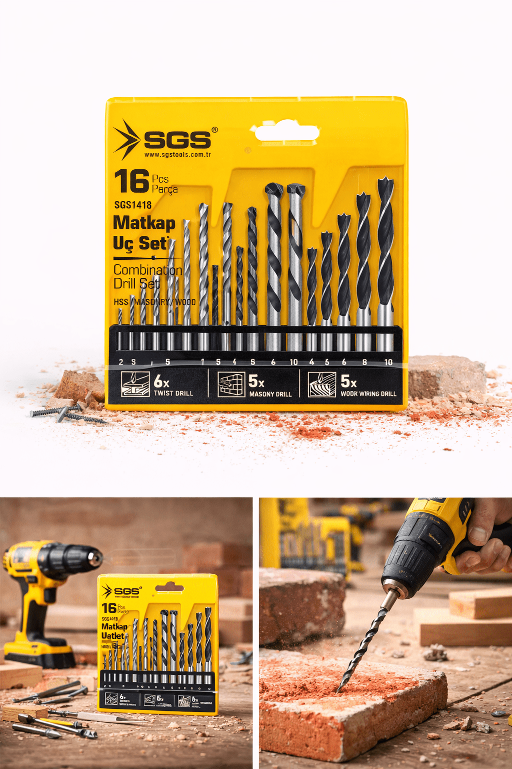 16 Parça Matkap Ucu Seti | Ahşap Metal Beton SGS Kombinasyon