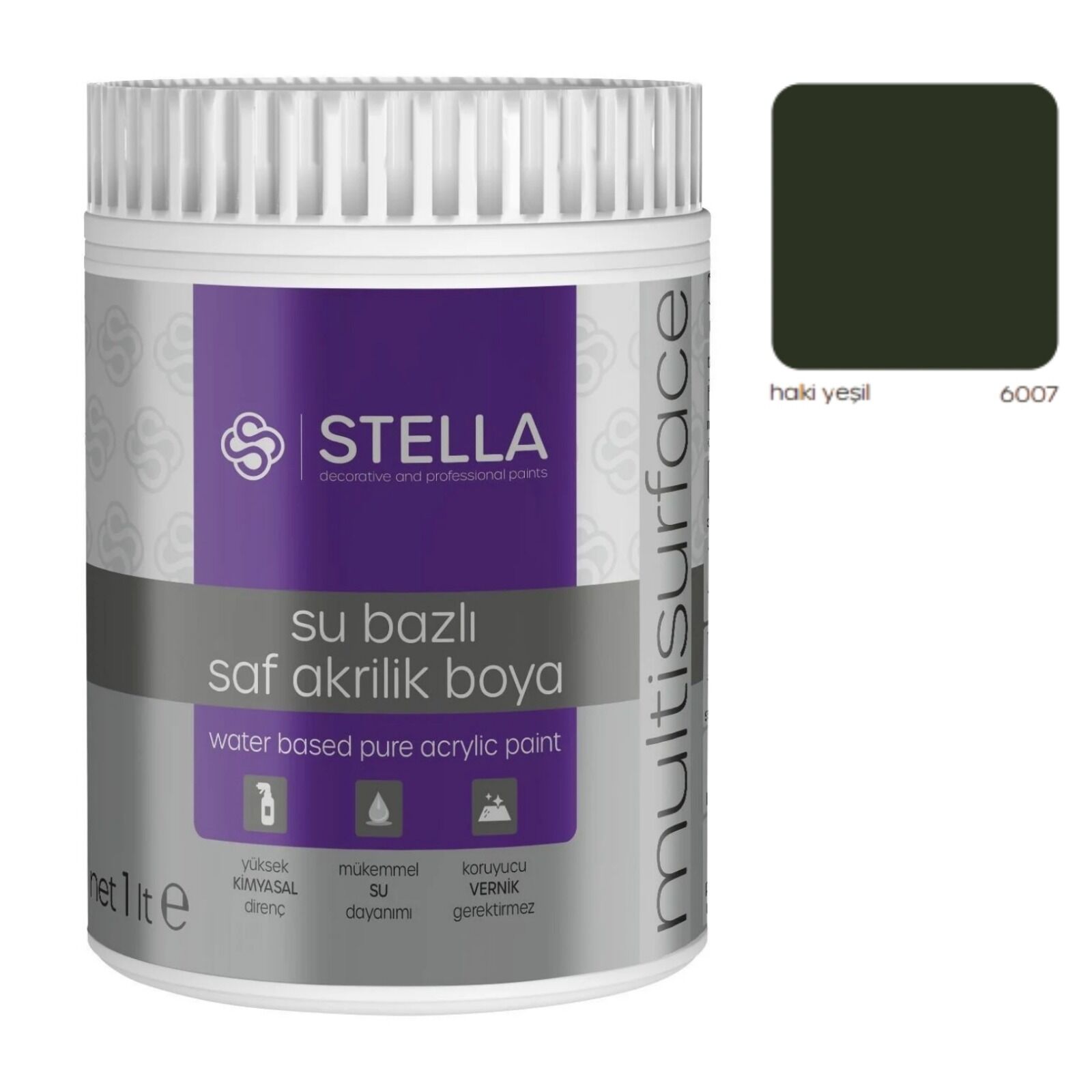Stella Su Bazlı Saf Akrilik Boya (Haki Yeşili Ral-6007) - 1 Litre