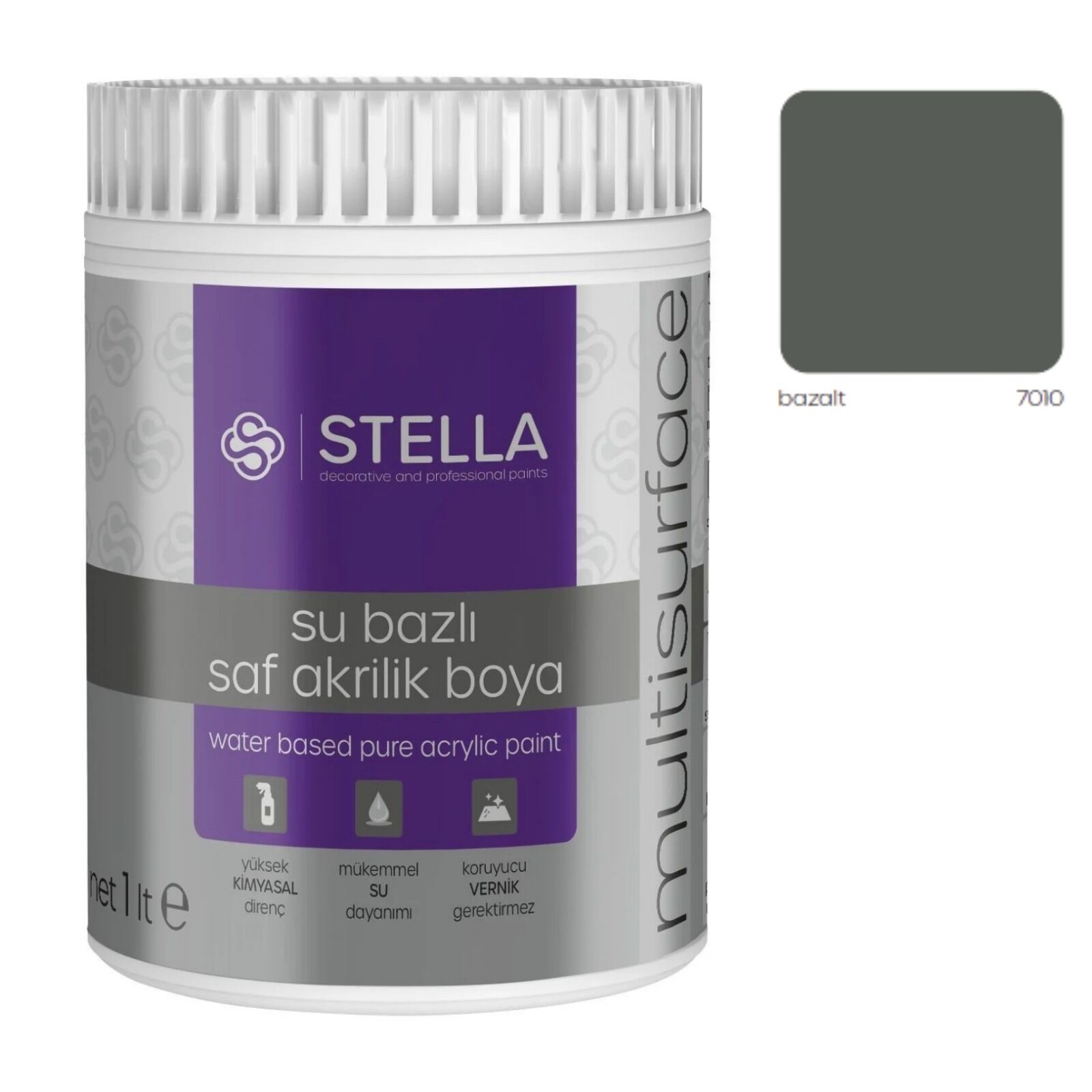 Stella Su Bazlı Saf Akrilik Boya (Bazalt Ral-7010) - 1 Litre