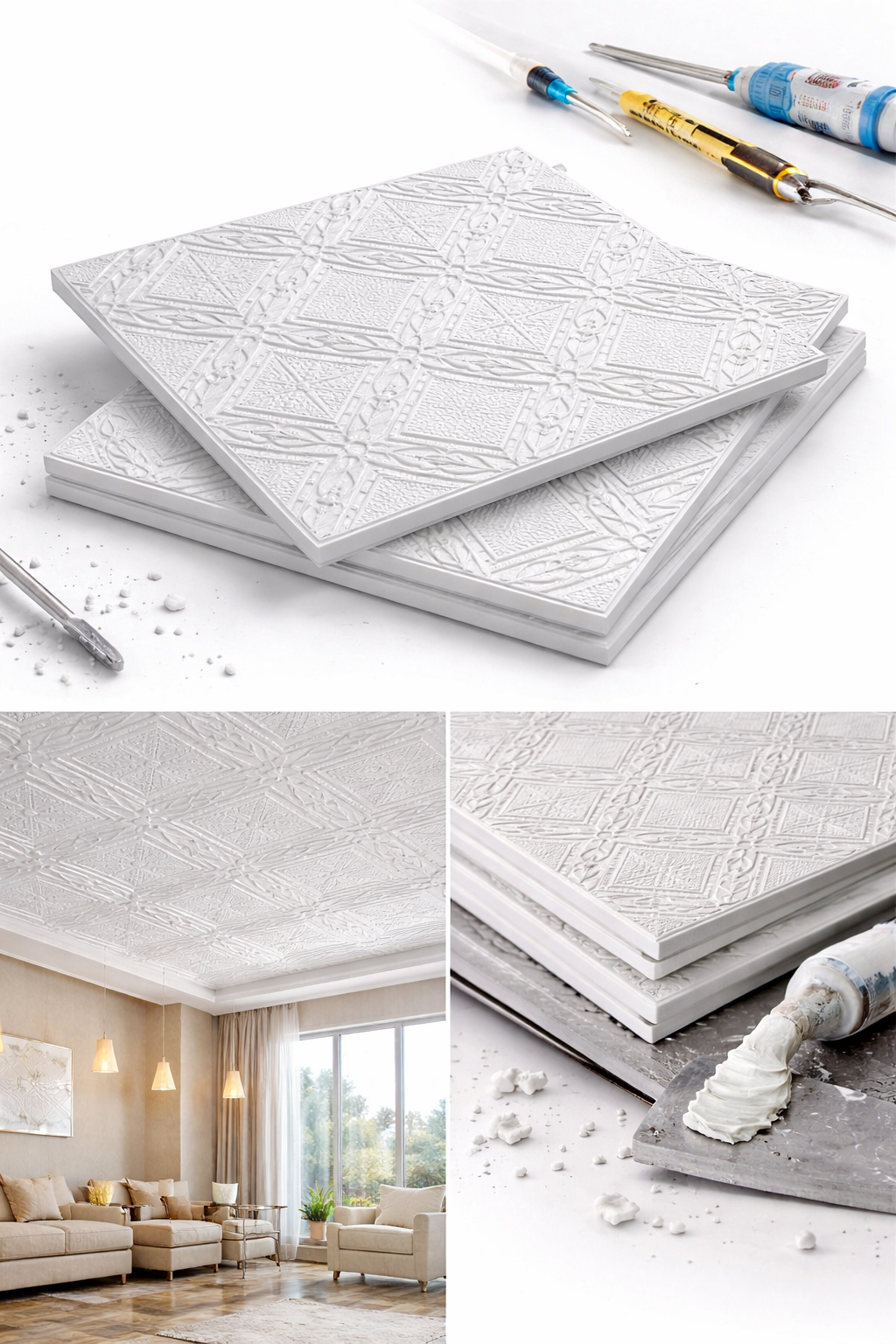 Stella Strafor Tavan Kaplama Desen 1 | 50x50 Dekoratif Panel 1 m² (4 Adet)